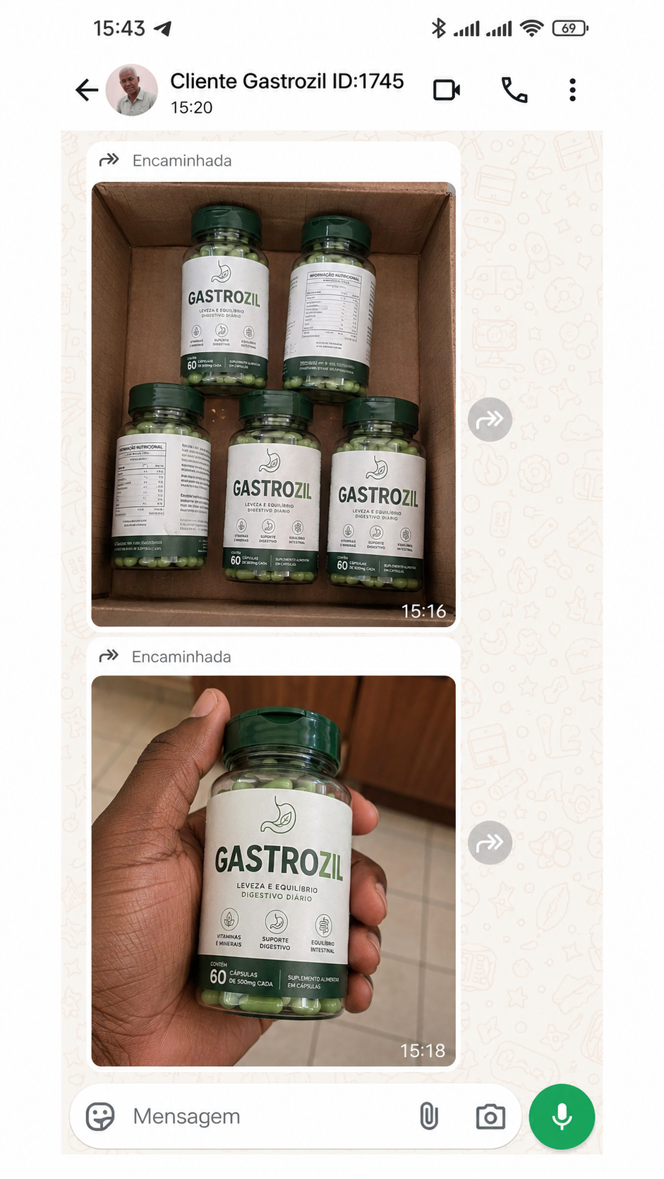 Print do WhatsApp de cliente recebendo Gastrozil